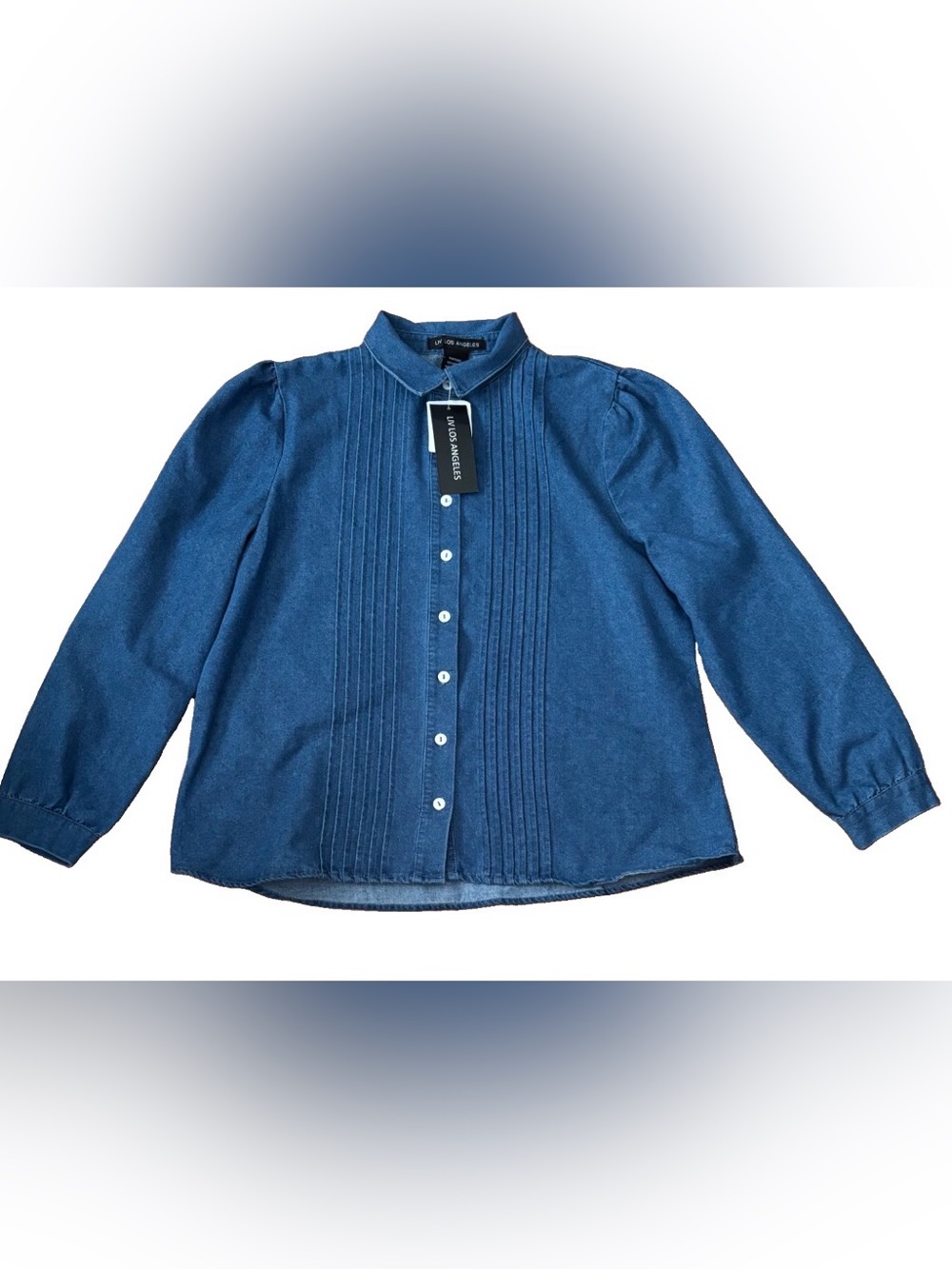 Liv Los Angeles Women’s Denim L/S Pin Tuck Button Up Top - Med Wash Blue - Large